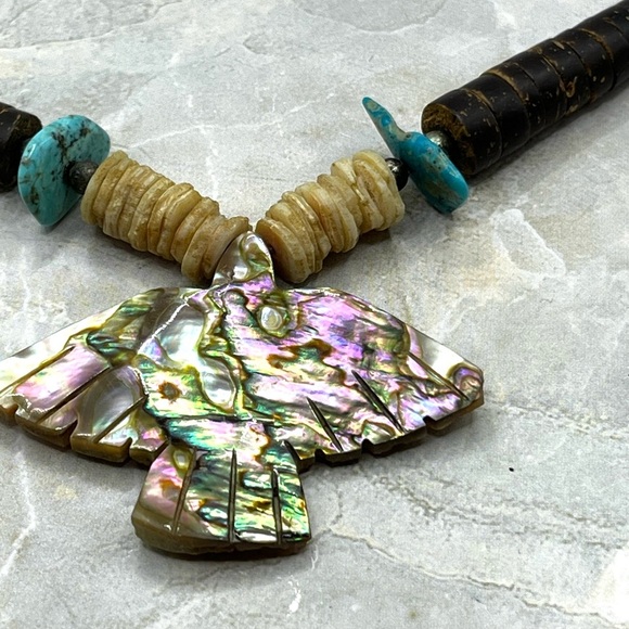 Abalone Fire Bird Eagle Pendant Necklace With Puka Shells Necklace - Picture 6 of 15